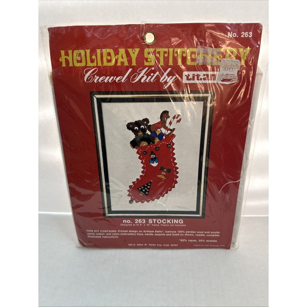 Vintage Titan Holiday Stitchery Christmas Stocking Crewel Kit 263 8" x‎ 10" 1976